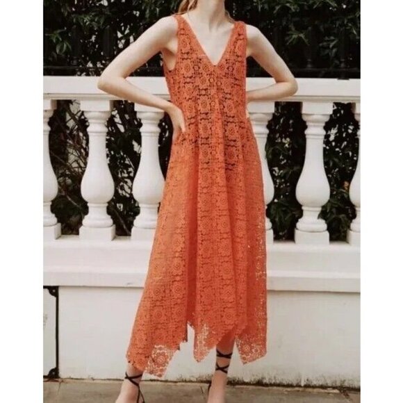 Zara langes Kleid Lochspitze orange rot Lachs Sommerkleid Strand Limited,Small - Picture 1 of 12